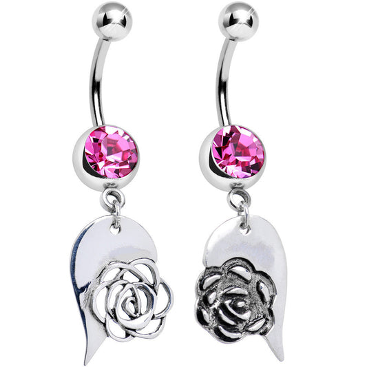 Pink Gem Garden Rose Flower Joined Heart Best Friends Dangle Belly Ring Set