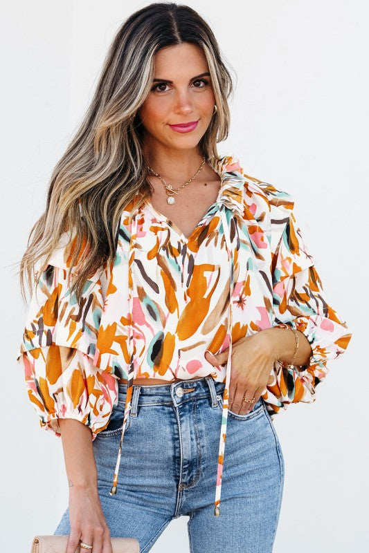 Aurelia Drawstring Frilled V Neck 3/4 Sleeve Blous