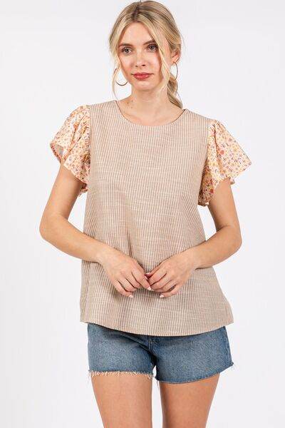 Ces Femme Round Neck Floral Short Sleeve Top