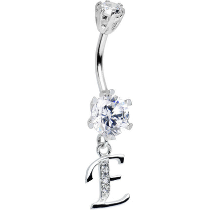 925 Sterling Silver Clear CZ Ornate Script Initial E Dangle Belly Ring