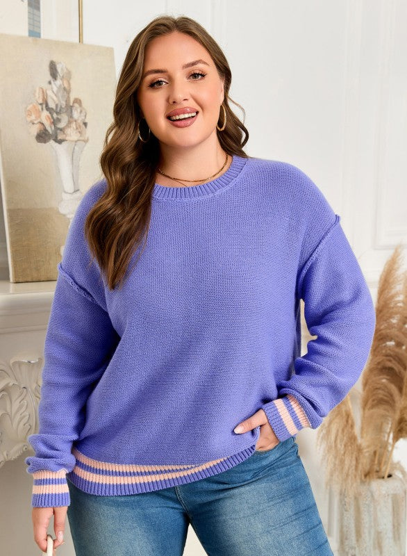 Plus Size Stripe Trim Drop Shoulder Sweater