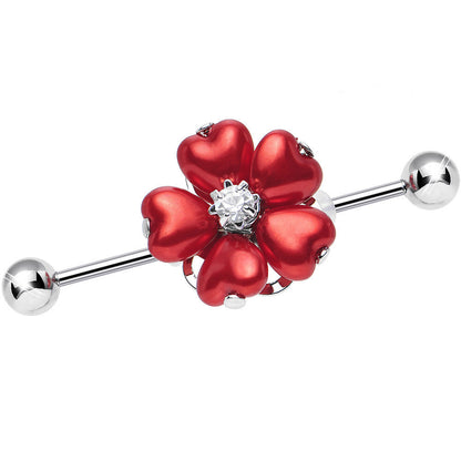 Red Faux Pearl Blossoming Flower of Hearts Industrial Barbell