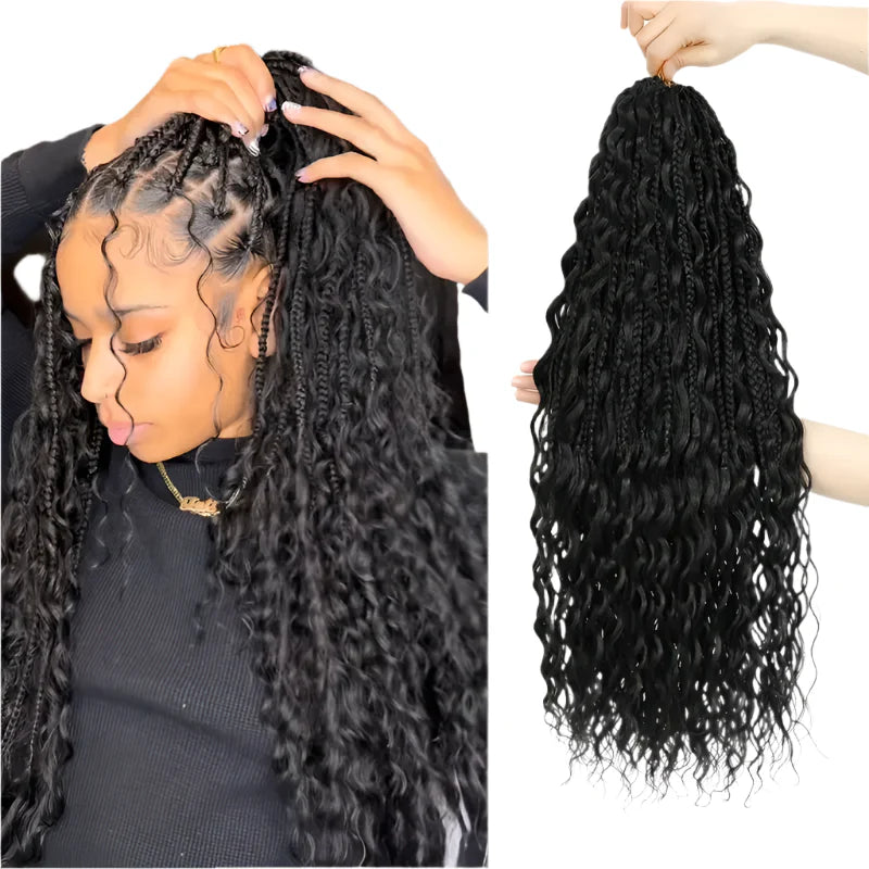 Burgundy Boho Box Braids Wig | Curly Goddess Locs | Full Lace Front | Synthetic Hair | Women