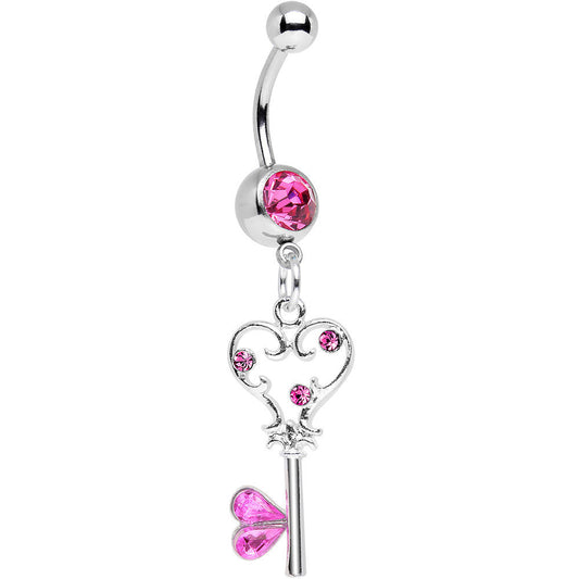 Pink Gem Fancy Curlicue Heart Key Dangle Belly Ring