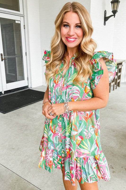 Floral Ruffle Trim Flutter Sleeve Buttoned Dress