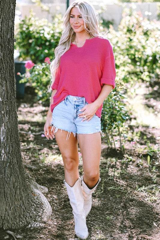 Delilah Textured Knit Split Neck Cuffed Short Slee