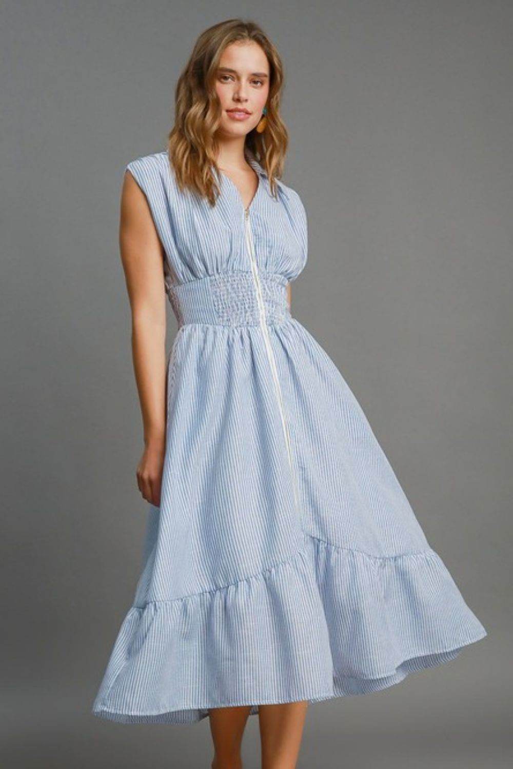 Umgee Full Size Striped Midi Dress with Smocked Waist Plus Size