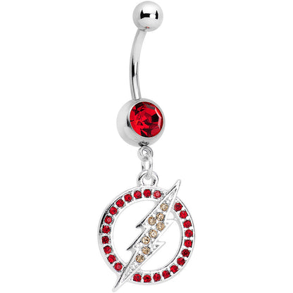 Red Gem Stainless Steel Licensed The Flash Logo Dangle Belly Ring
