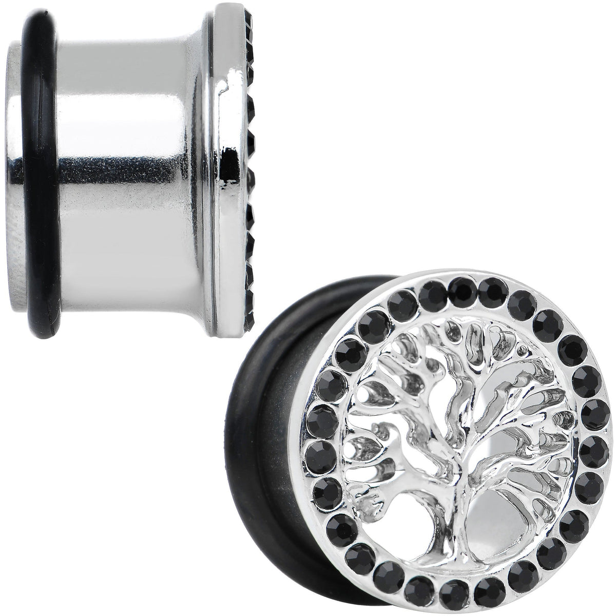 9/16 Black Gem Stainless Steel Single Flare Tree of Life Plug Set