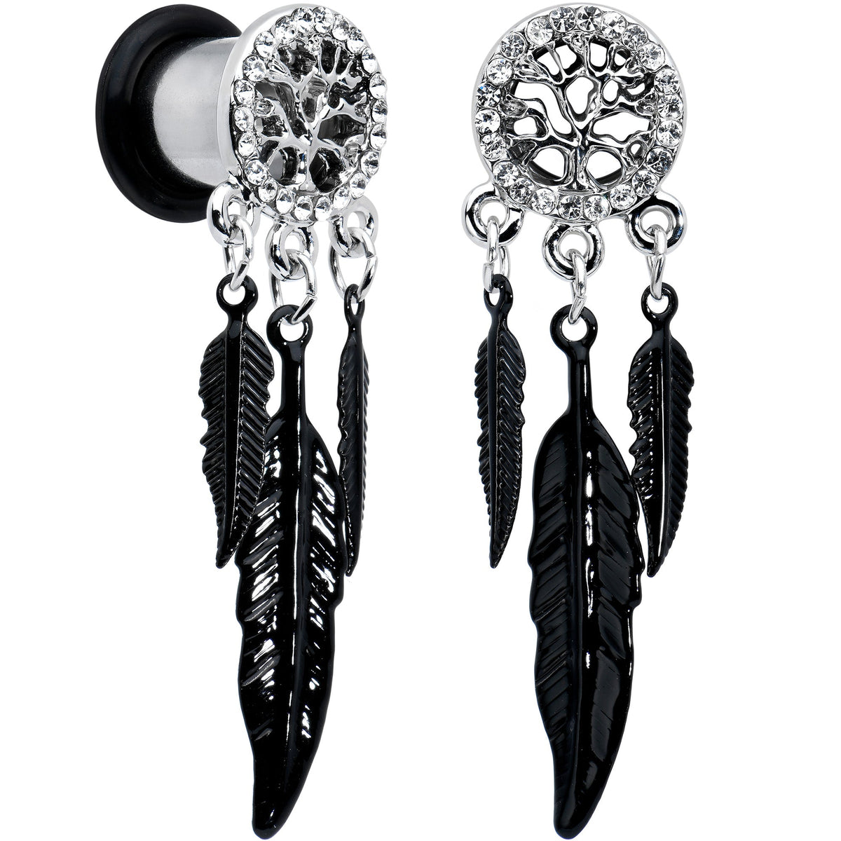 0G Clear Gem Steel Single Flare Tree of Life Dangle Plug Set