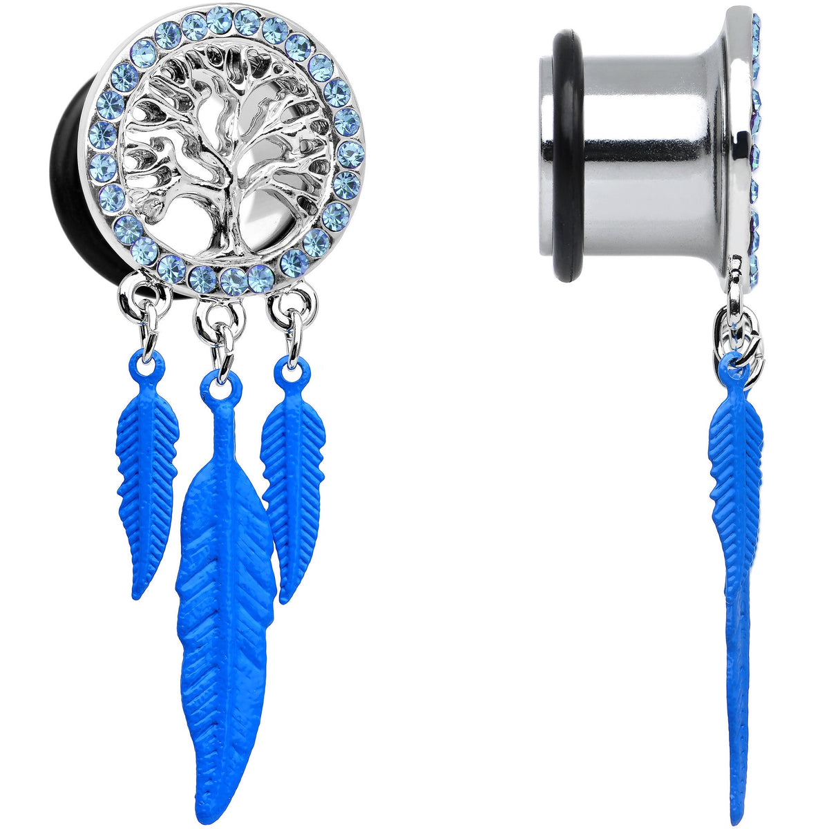 1/2 Blue Gem Steel Single Flare Tree of Life Dangle Plug Set