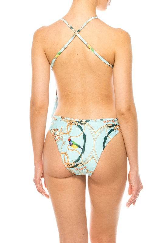 ONE PIECE BATHING SUIT FLORAL PRINT DEEP CUT FRONT