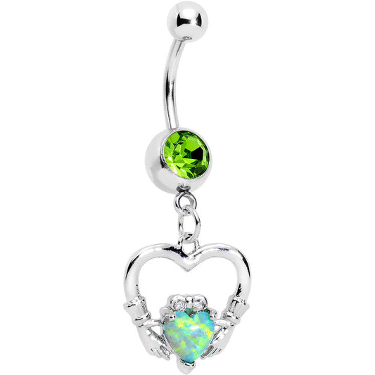 Green Gem Imitation Opal Claddagh Dangle Belly Ring