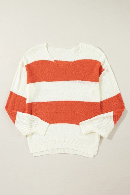 Colorblock Stripe Drop Shoulder Bubble Sleeve Swea