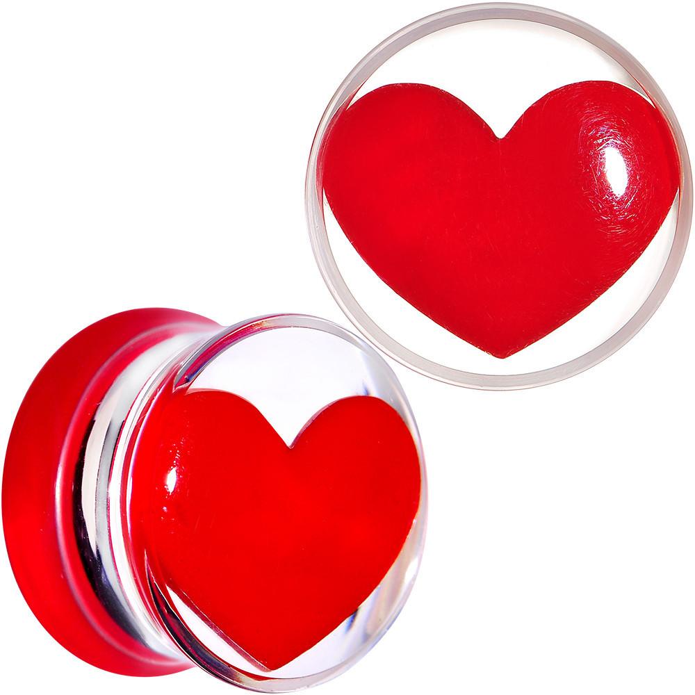 Clear Acrylic Red Heart Double Flare Saddle Plug Set 2G to 20mm