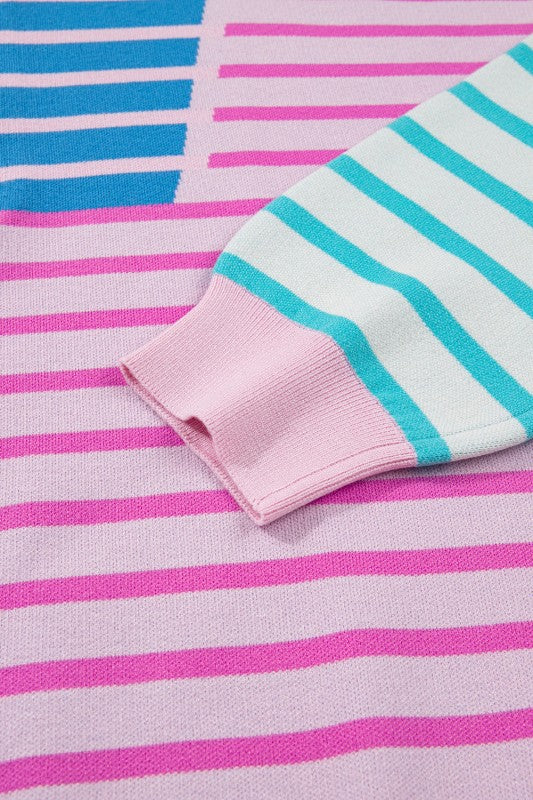 Plus Size Stripe Colorblock Half Zip Sweater