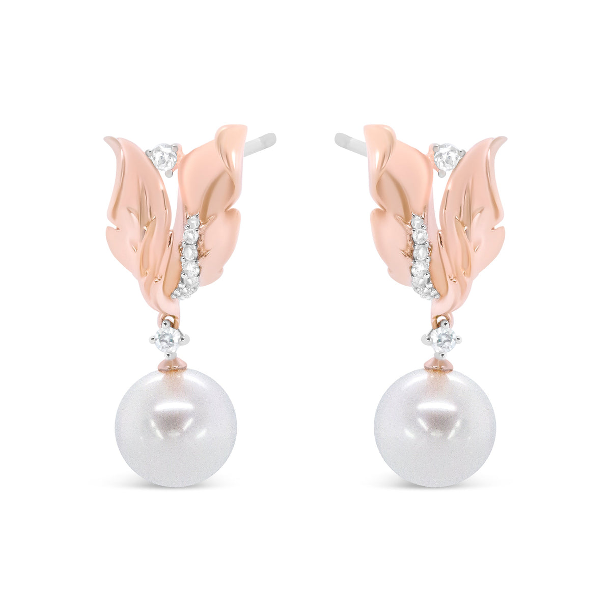 14K Rose Gold 1/6 Cttw Round Diamond and 8mm Round Pearl Floral Drop Stud Earrings (H-I Color, I1-I2 Clarity)