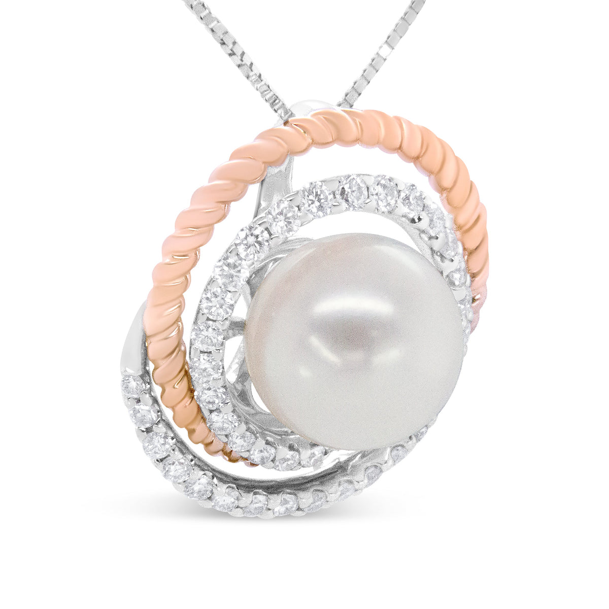 14K Rose and White Gold 3/8 Cttw Pave Diamond and 9mm Round Pearl Spiral Openwork 18" Pendant Necklace- (H-I Color, VS1-VS2 Clarity)