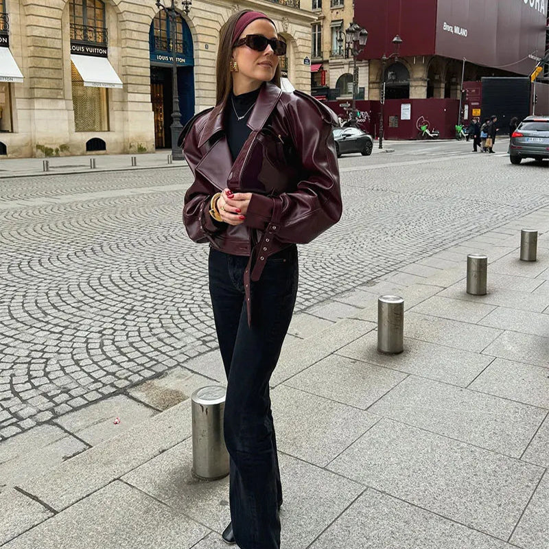 Loose Lapel Leather Jacket Fashion Cropped Tops Streetwear