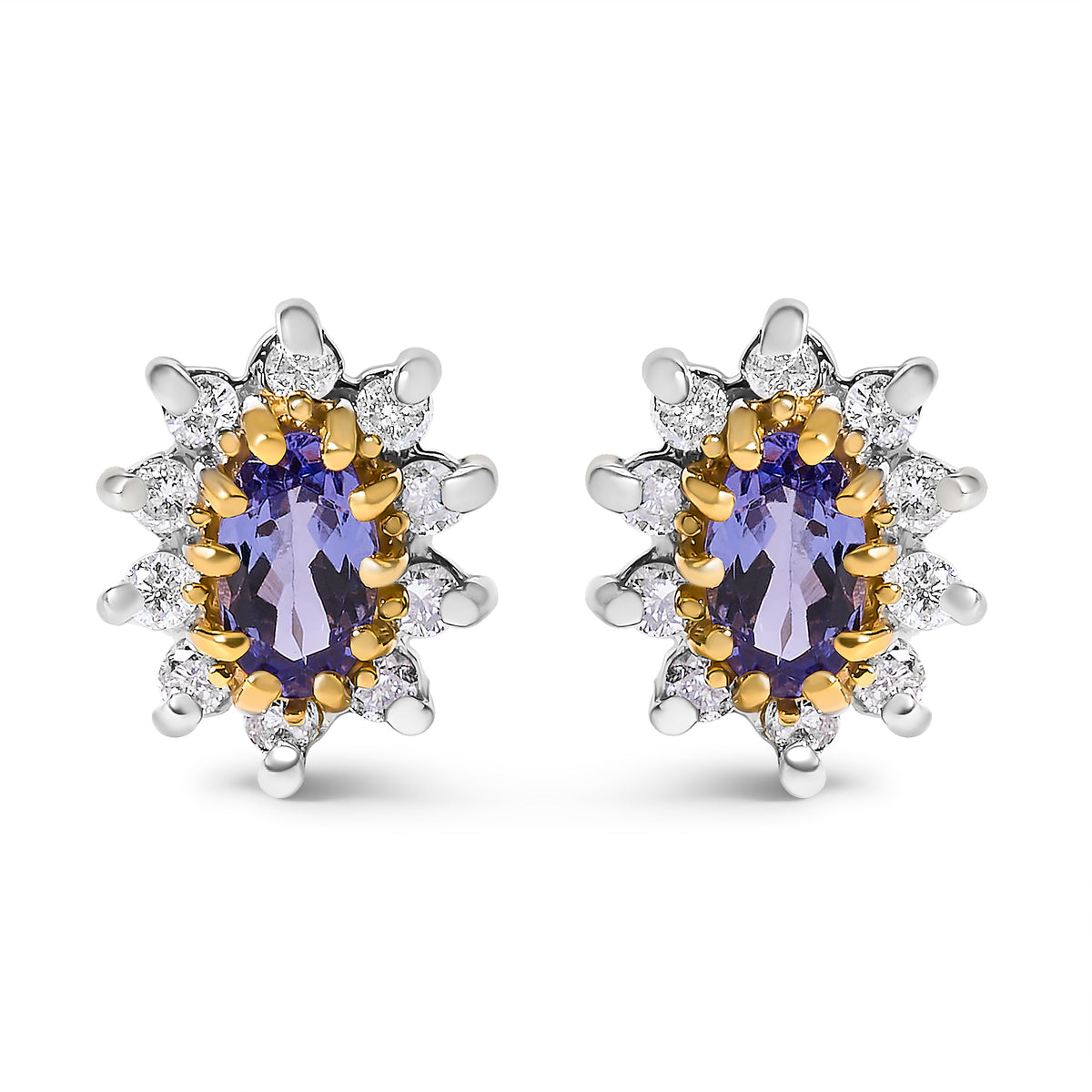 14K Yellow Gold 1/4 Cttw Diamond and Blue Purple Tanzanite Sunburst Halo Stud Earrings (K-L Color, I1-I2 Clarity)