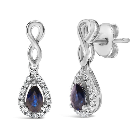 10K White Gold Pear Cut Blue Sapphire and 1/7 Cttw Diamond Infinity Drop and Dangle Earrings (I-J Color, I1-I2 Clarity)