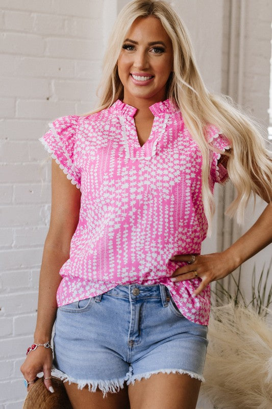 Cynthia Ric Rac Trim Flutter Sleeve Notch V Neck B