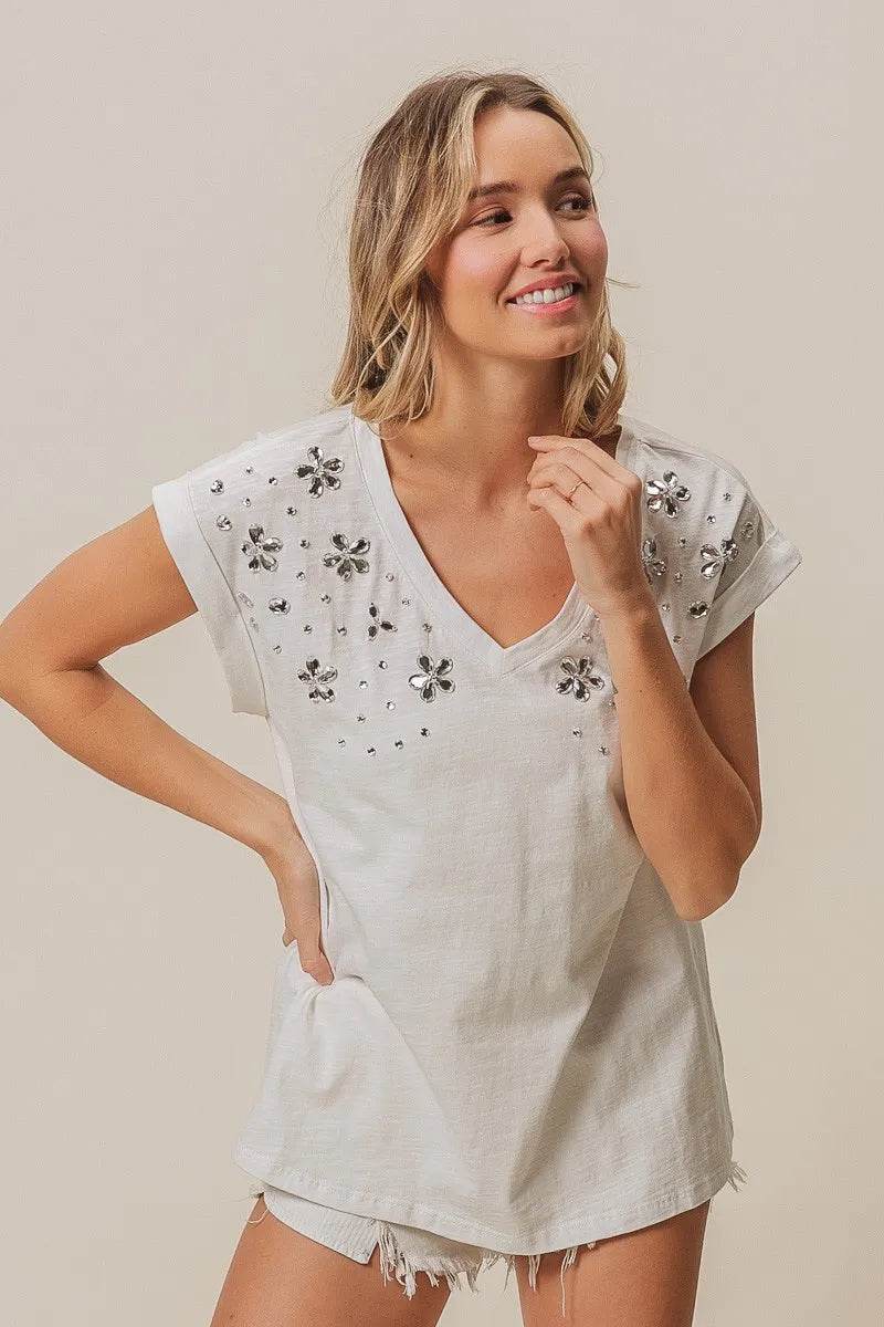 BiBi Slub Jersey Rhinestone V Neck Top