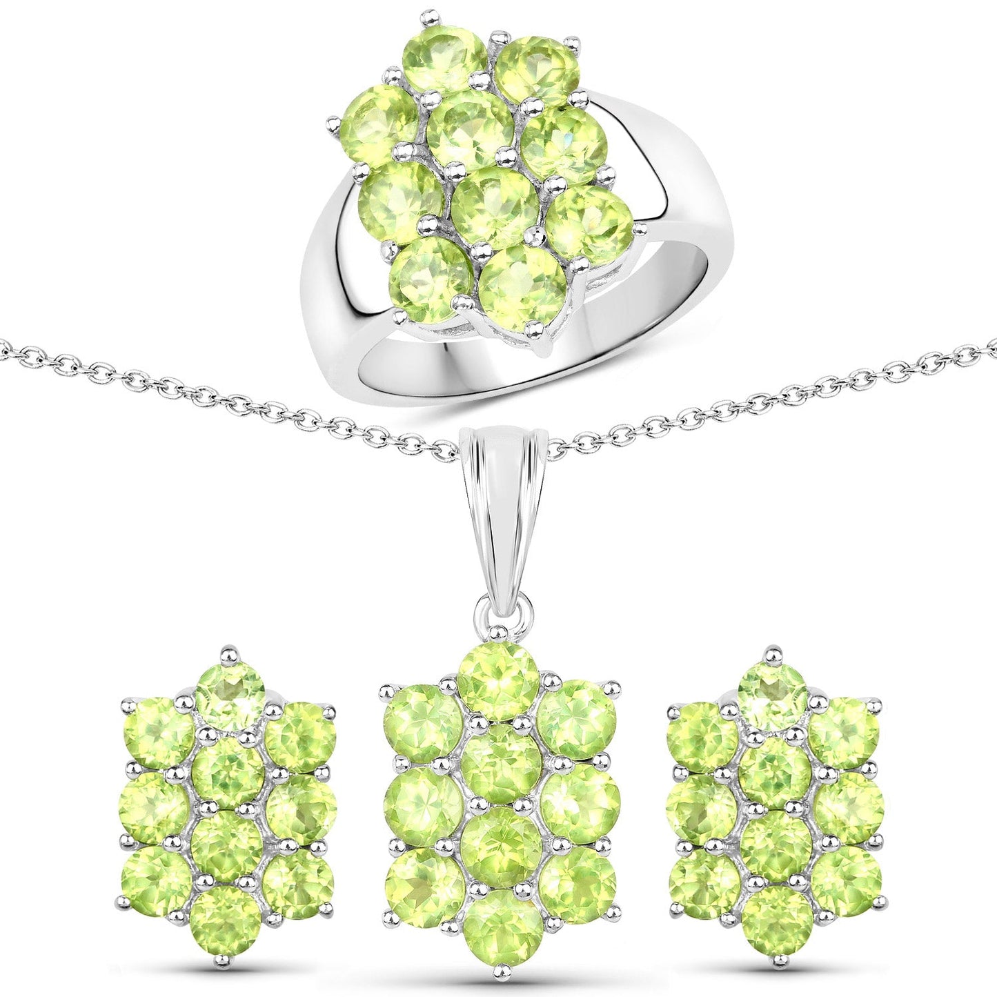 6.80 Carat Genuine Peridot .925 Sterling Silver 3 Piece Jewelry Set (Ring, Earrings, and Pendant w/ Chain)