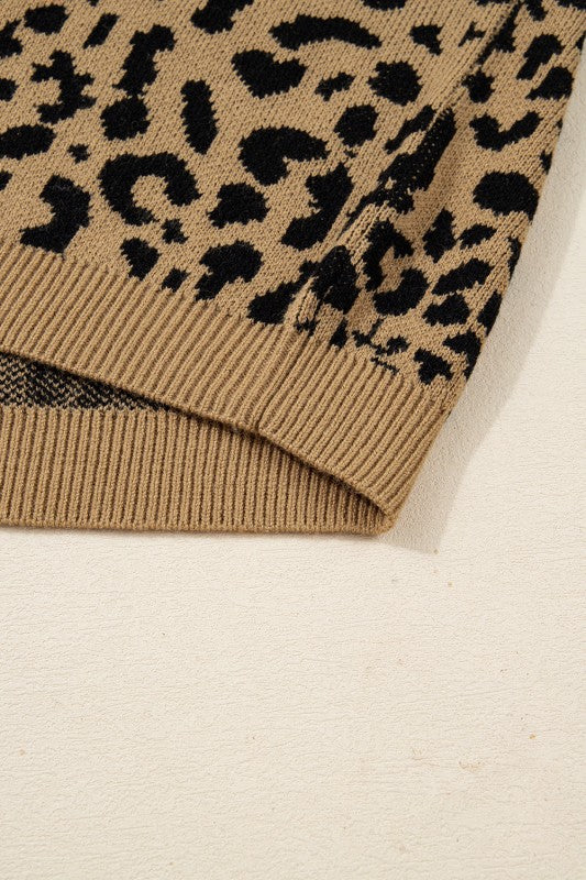 Leopard Ribbed Trim Crewneck Drop Shoulder Sweater