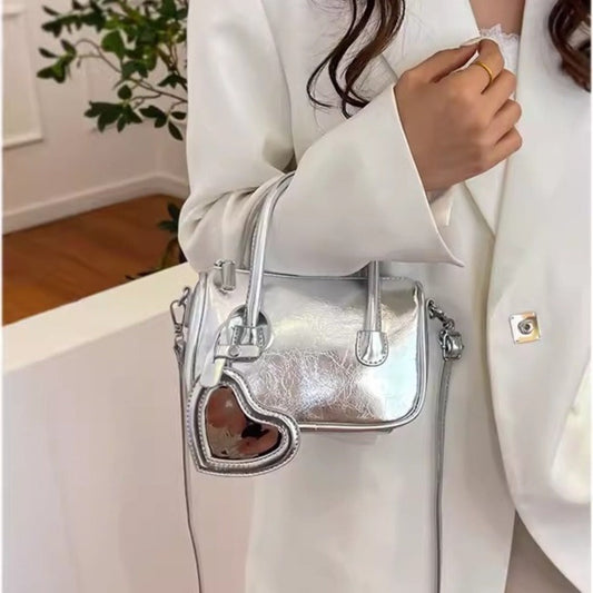 Mini tote handbag silver, women's summer shoulder crossbody bag, versatile love small square bag, mini top handle purse