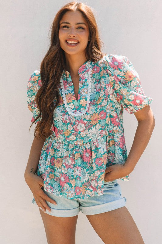 Amaris Notched Neck Puff Short Sleeve Floral Blous