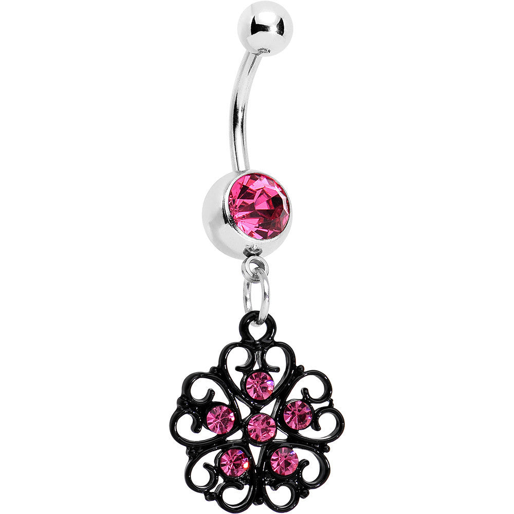 Pink Czech Stone Black Quinate Romance Dangle Belly Ring