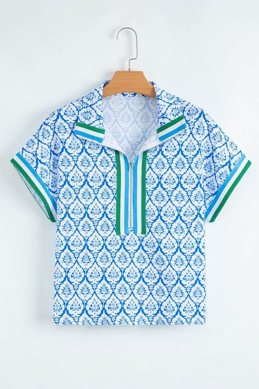 Sky Blue Colorblock Striped Collar Bohemian Print