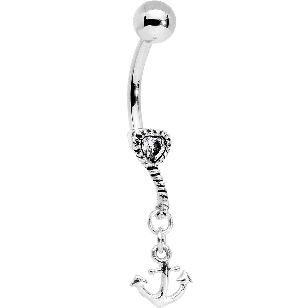 925 Sterling Silver Anchor My Heart Clear Gem Dangle Belly Ring