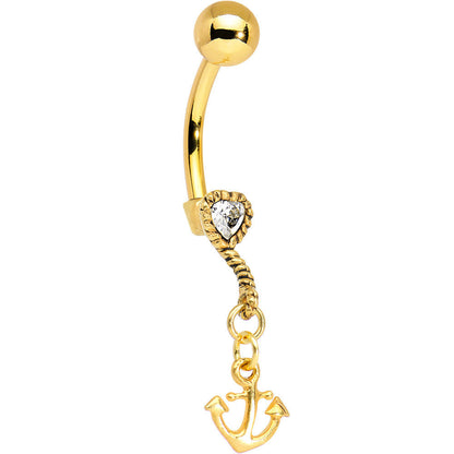 Gold Plated 925 Silver Anchor My Heart Clear Dangle Belly Ring
