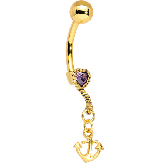 Gold Plated 925 Silver Anchor My Heart PurpleGem Dangle Belly Ring