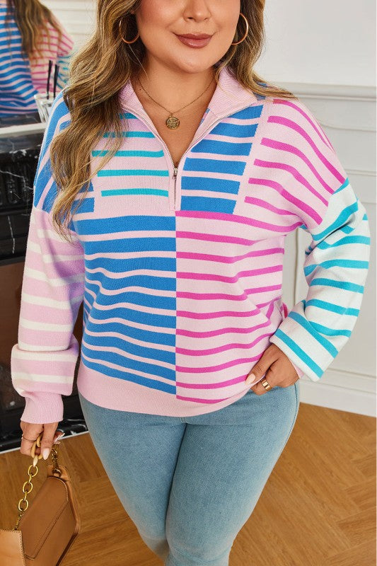 Plus Size Stripe Colorblock Half Zip Sweater