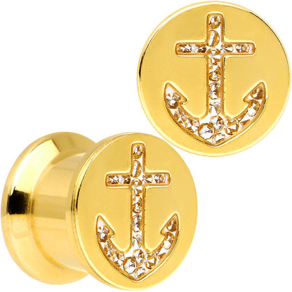 00G Gold Plated Steel Clear Gem Anchor Saddle Stash Plug Set