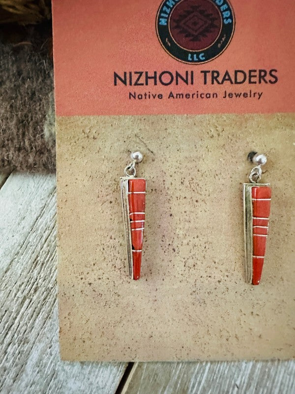 Navajo Sterling Silver & Coral Inlay Dangle Earrin