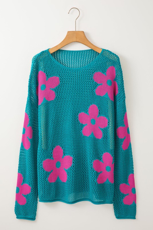 Dulce Big Flower Hollowed Knit Drop Shoulder Sweat