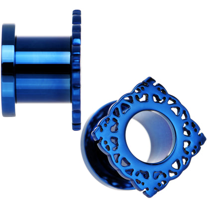 00G Blue PVD Filigree Frame Screw Fit Tunnel Plug Set