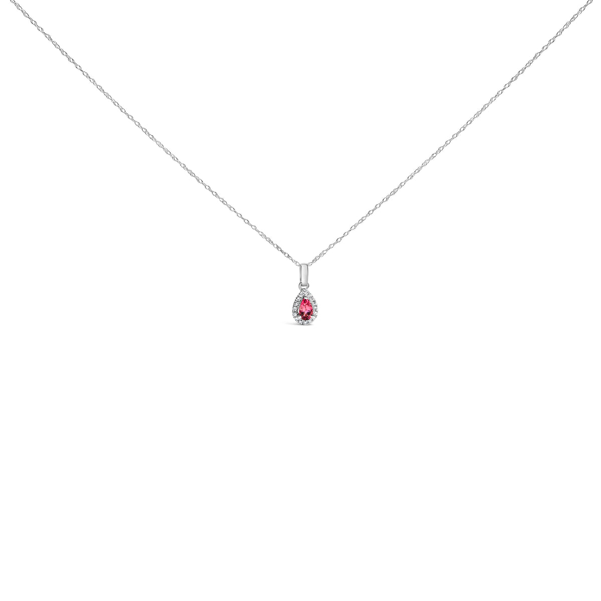 10K White Gold 5x3mm Green Emerald and Diamond Accent Halo Pear Shape 18" Pendant Necklace (I-J Color, I1-I2 Clarity)