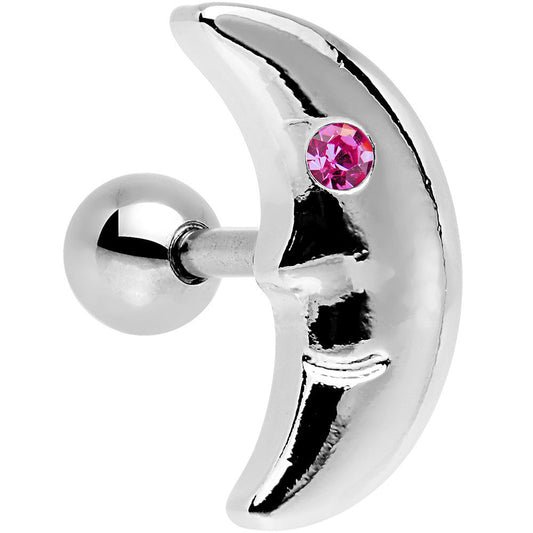 16G 1/4 Pink Gem Steel Crescent Moon Left Cartilage Earring