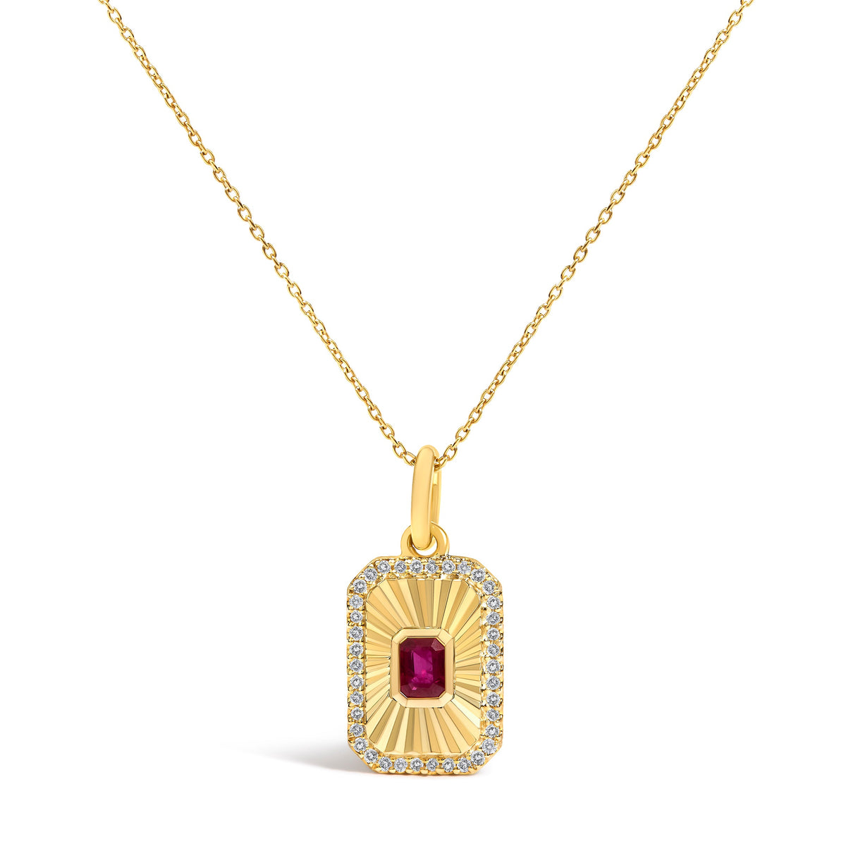 10K Yellow Gold 4x3 MM Ruby and 1/10 Cttw Diamond Rectangular Fluted Medallion Pendant Necklace
