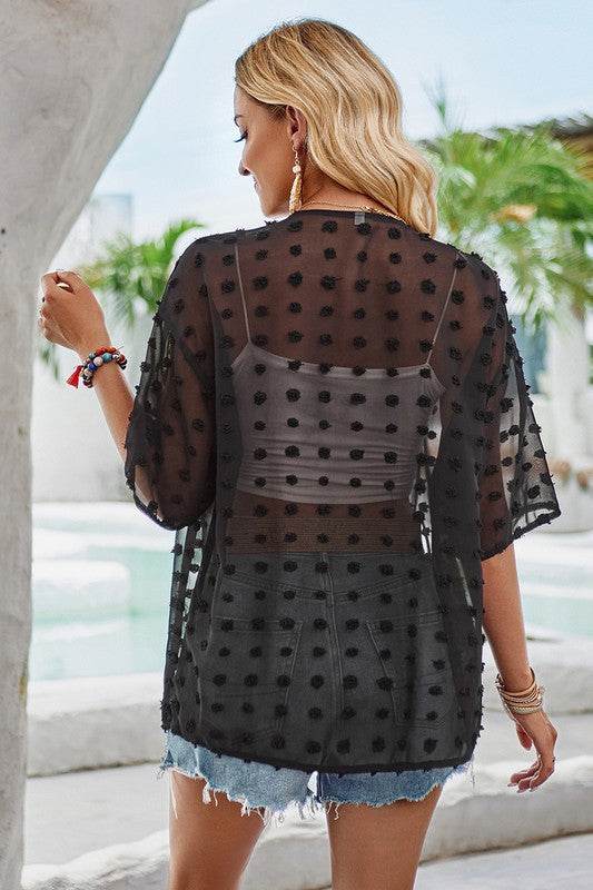 Draped Collar Swiss Dot Cover Up Cardigan Top