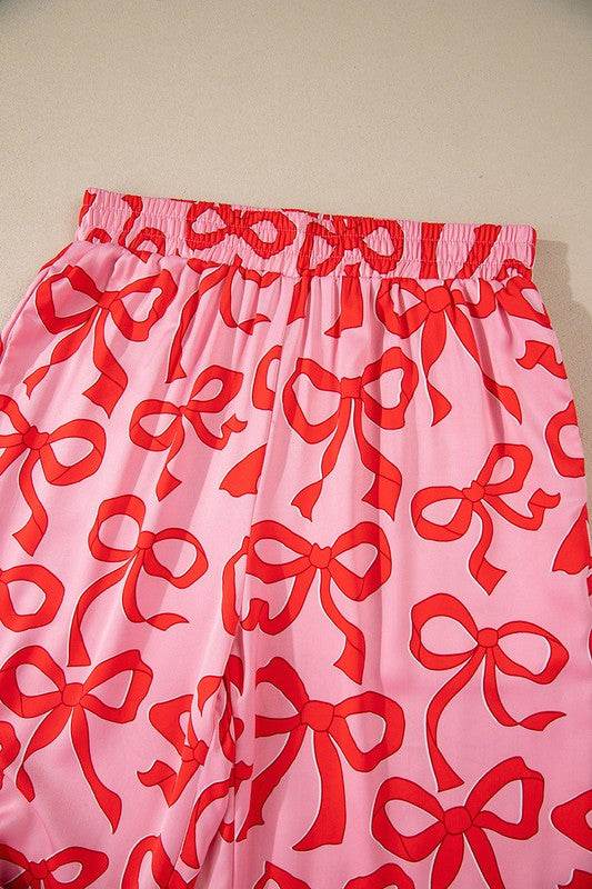 2pcs Bow Print Shirt Style Long Sleeve Pajama Set