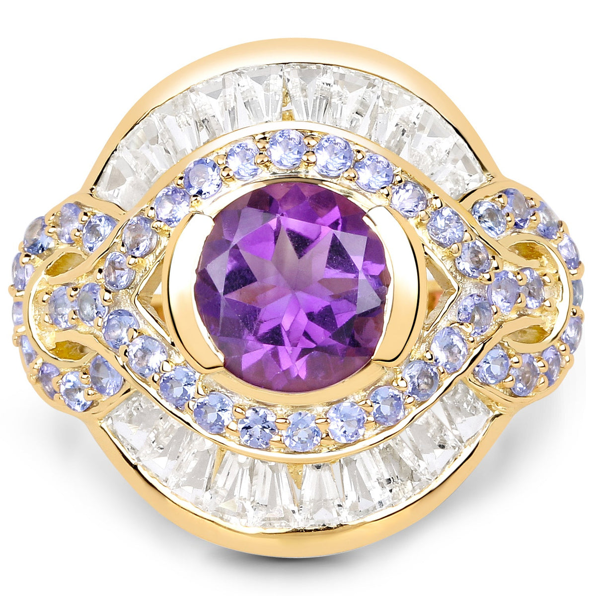 14K Yellow Gold Plated 3.93 Carat Genuine Amethyst, Tanzanite and White Topaz .925 Sterling Silver Ring