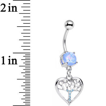 Light Blue Faux Opal Aqua Gem Tree of Life Heart Dangle Belly Ring