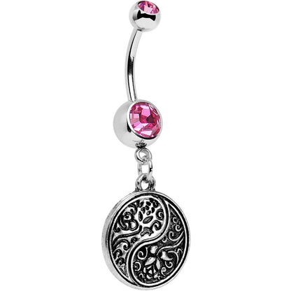 Pink Gem Floral Fantasy Yin Yang Disc Dangle Belly Ring