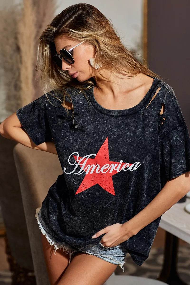 BiBi Laser Cut Mineral Washed Jersey Top with  America